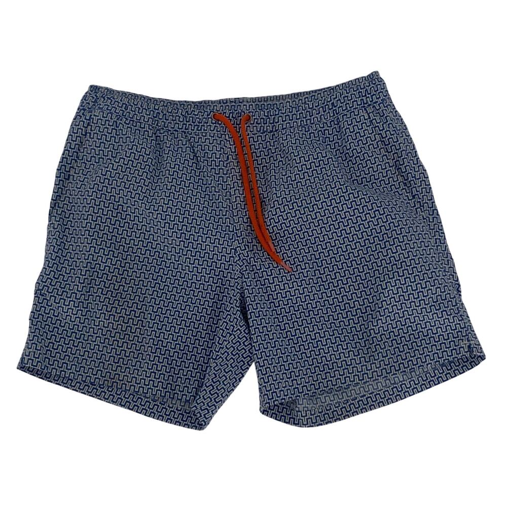 J Crew Trademark 6” Trunks Swimsuit Men’s Size Medium Blue Maze Print